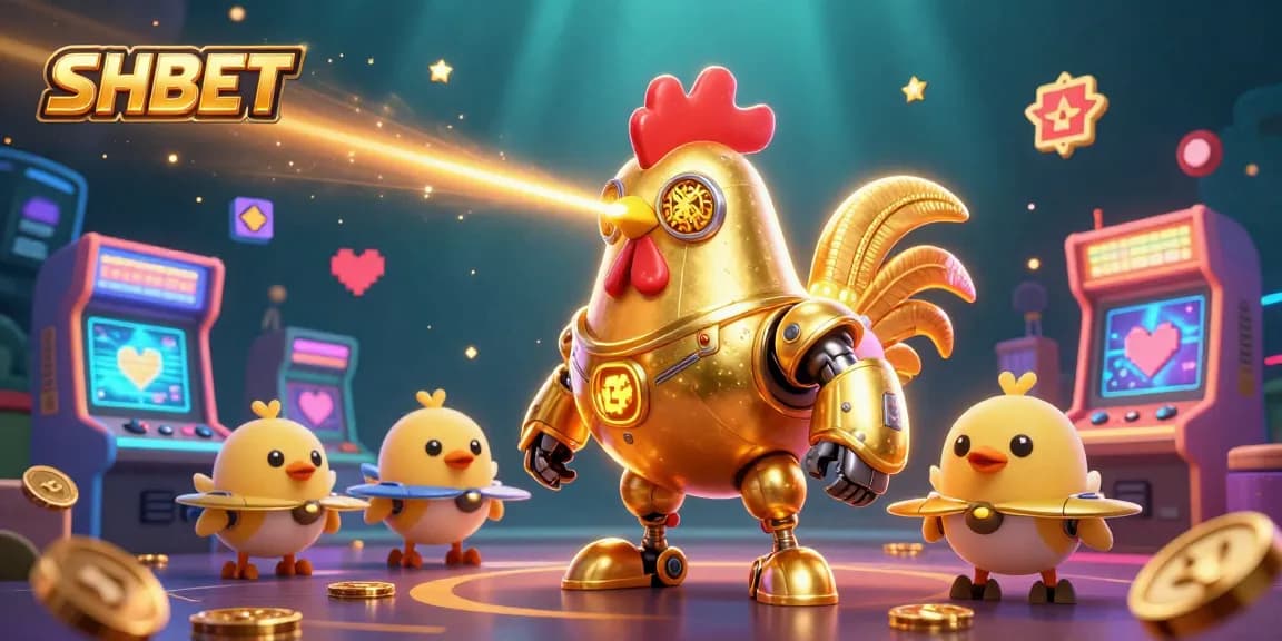 Experience SHBET with a golden rooster robot and baby chick drones in a vibrant gaming environment.