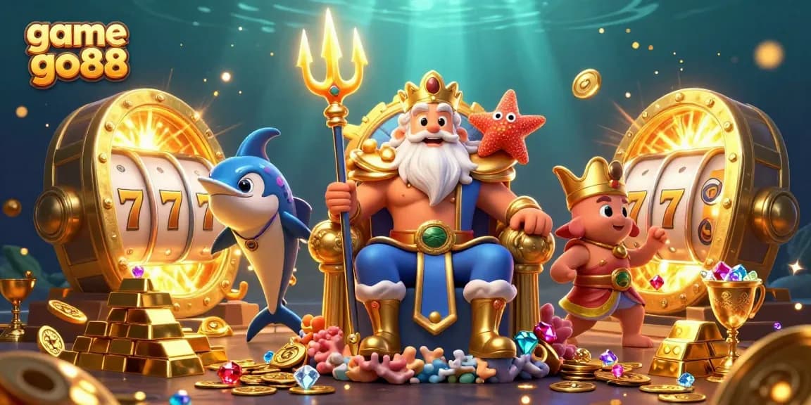 Experience the excitement of game go88 with a treasure-filled 3D underwater casino scene showcasing the sea king Neptune.