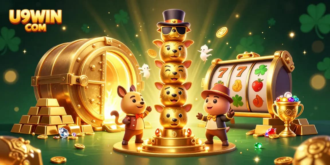 Experience big wins with U9WIN COM at this vibrant 3D casino illustration filled with treasures and slot action.