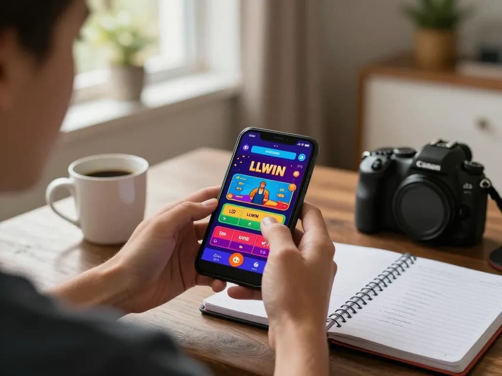 Engaged player using LLWIN app on smartphone in cozy home setting, showcasing mobile gambling.