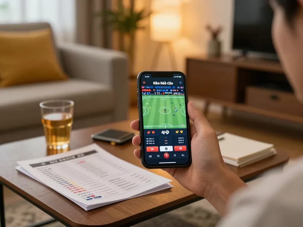 Kèo nhà cái hôm nay being analyzed on a smartphone while placing bets from home.