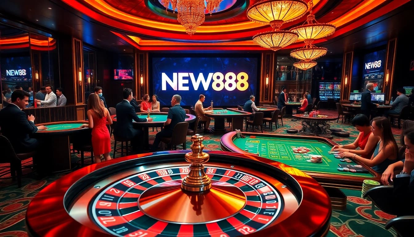 A group of excited players engaged at the NEW88 roulette table in a luxurious casino setting.