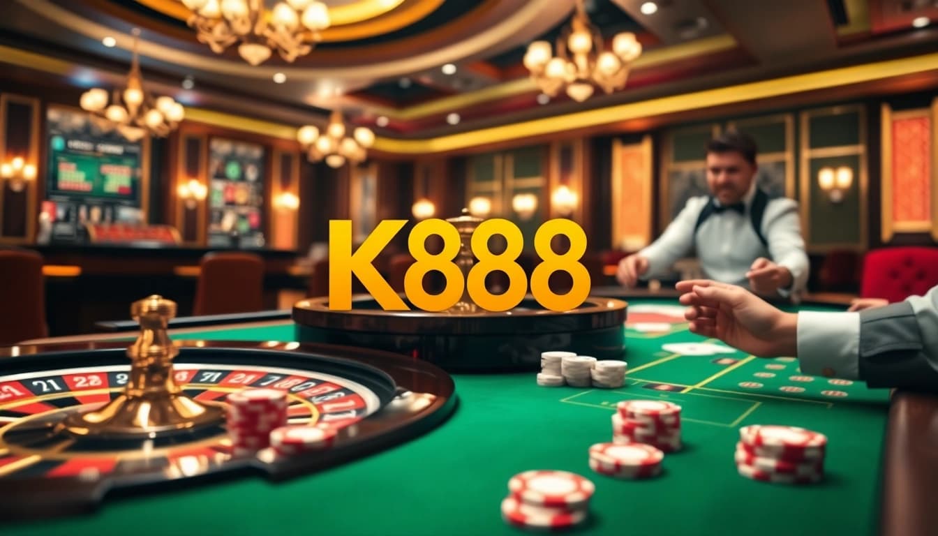 K88 gamblers enjoying a vibrant online casino experience with roulette and poker elements.