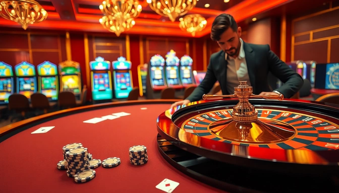 Excitement at a tg88 casino table with luxurious poker chips and a roulette wheel.
