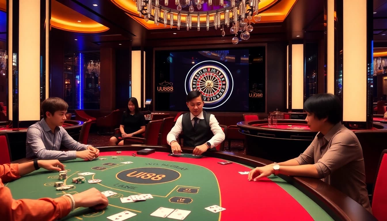 UU88 casino table featuring poker action with players and poker chips in a luxurious setting