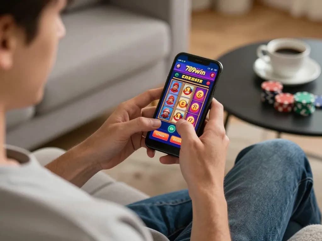 Engaging in thrilling slot gameplay on 789win app with a smartphone in a cozy home setting.