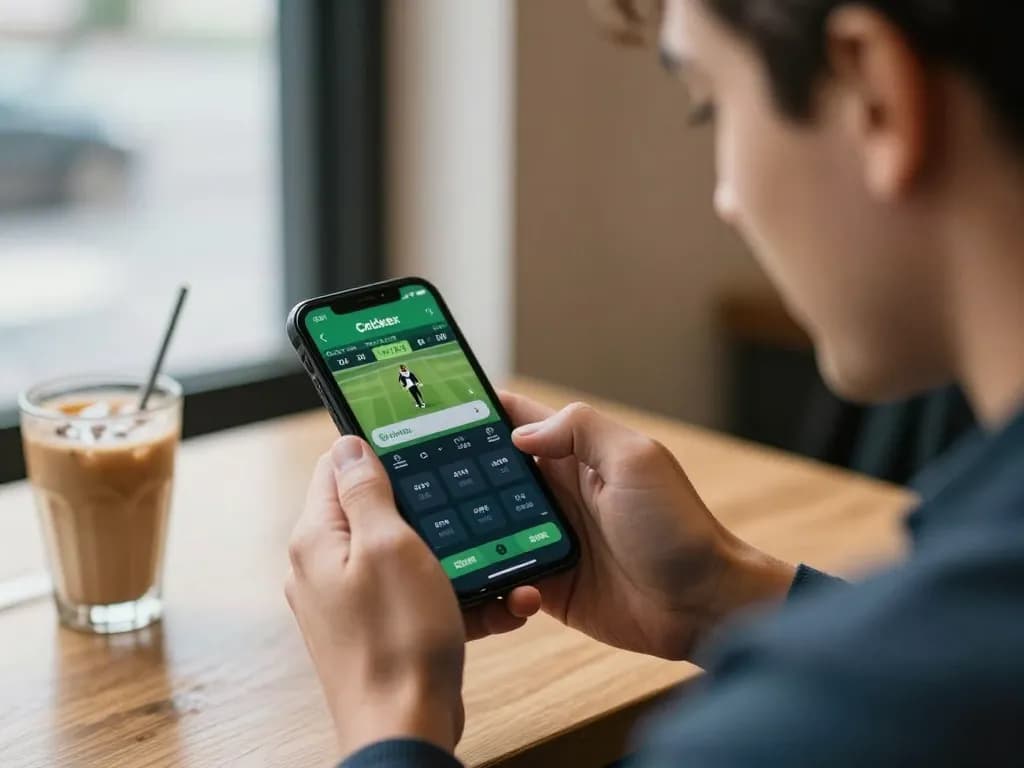 Crickex user engaging with live betting interface on mobile app in a cozy café setting.