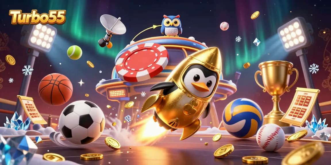 Turbo55 engaging players with a vibrant casino-themed 3D illustration featuring sports and festive elements.