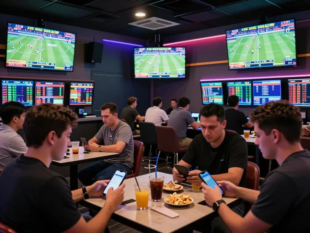 Engaging sports bettors analyzing odds and placing bets, focusing on ty le keo nha cai in an energetic betting lounge atmosphere