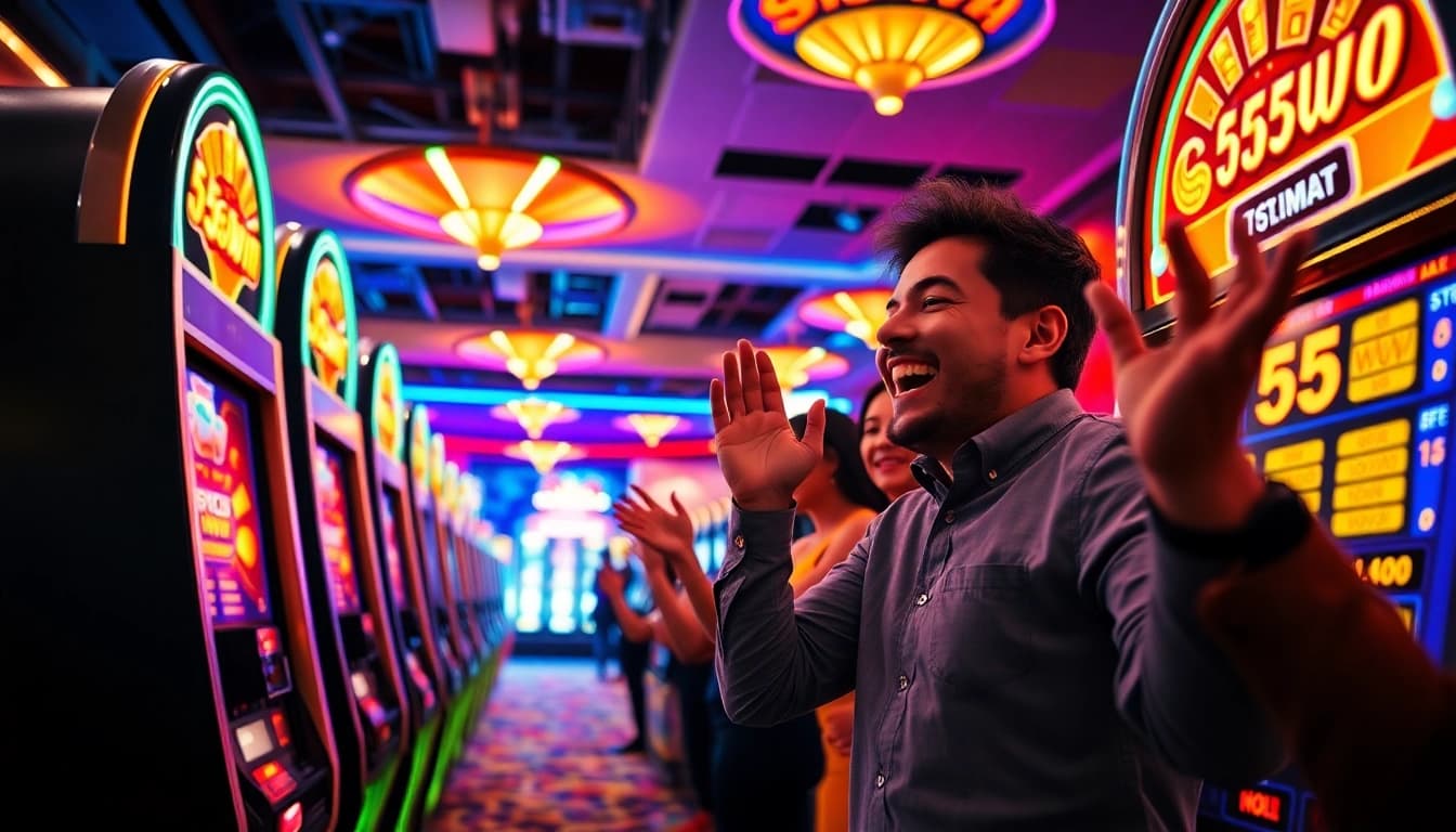 Exciting scene of players winning at 555win slot machines in a vibrant casino setting.
