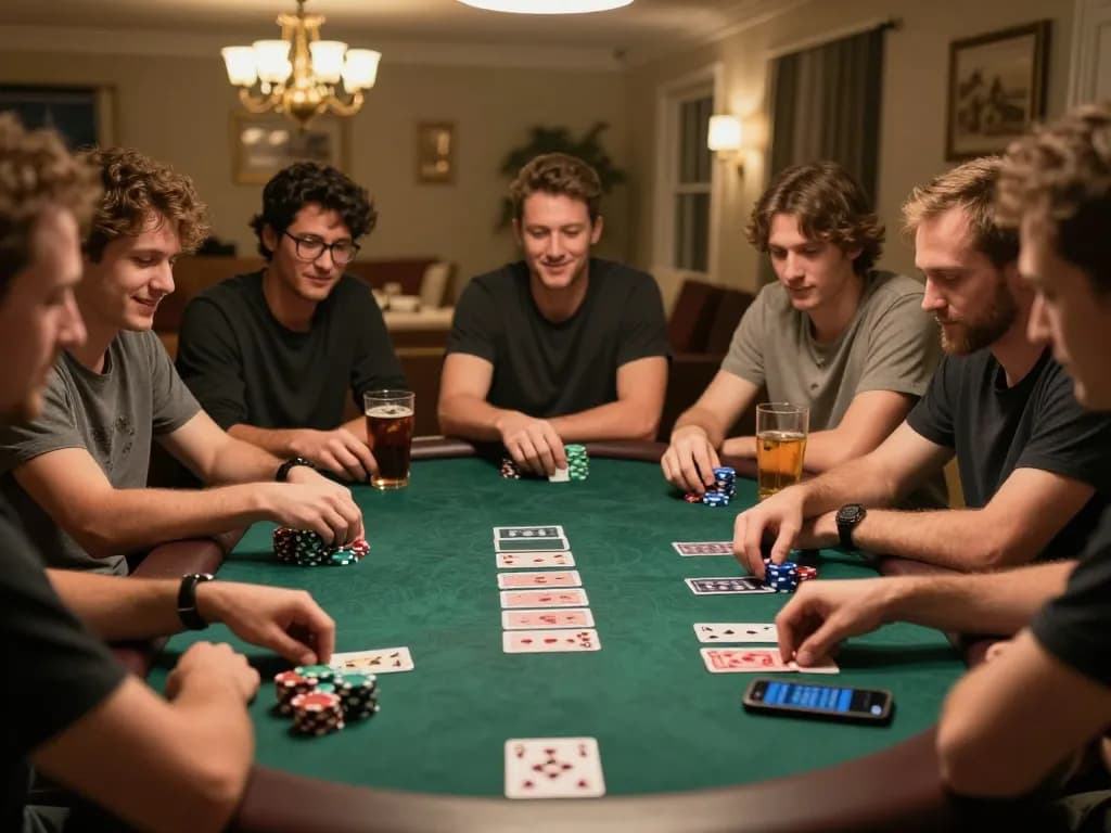 Friends enjoying a lively poker game at home while using the jewanced betting app for real-time strategies and interactions.