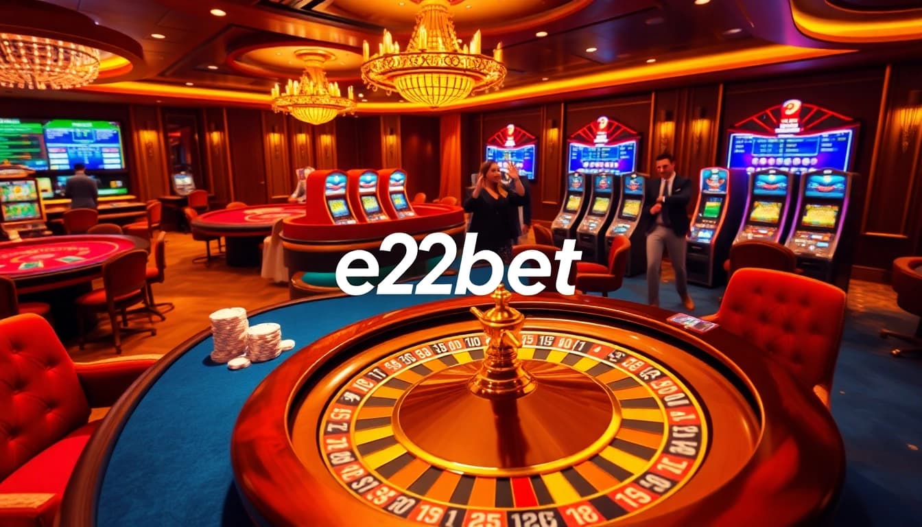 E2bet players enjoying a thrilling moment at a luxurious casino table with poker chips.
