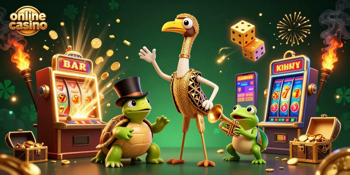 Experience excitement at an online casino with vibrant characters, slot machines, and dynamic game elements.
