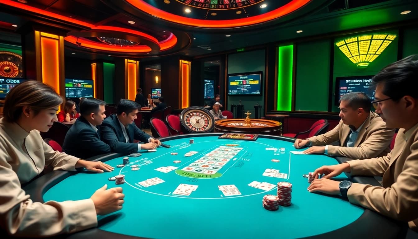 Exciting gambling scene at 188bet's poker table with vibrant colors and professional ambiance.