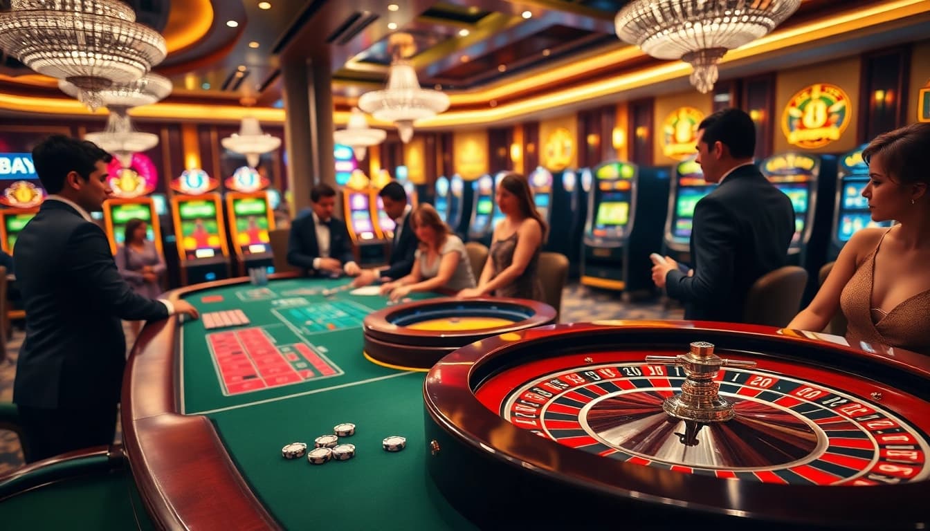 Players enjoying high-stakes games at 8DAY casino, featuring vibrant tables and exciting roulette.