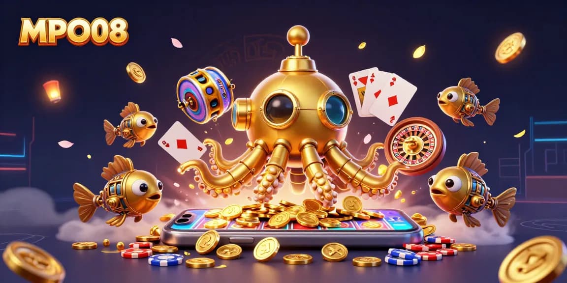 Experience thrilling wins with MPO08's vibrant slot game scene featuring golden kraken and dynamic casino elements.
