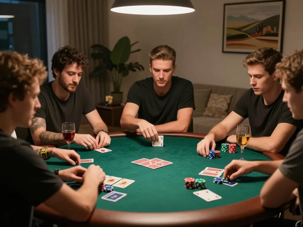 Engaged friends playing poker in private setting, showcasing strategy and links to popular 링크모음 resources.
