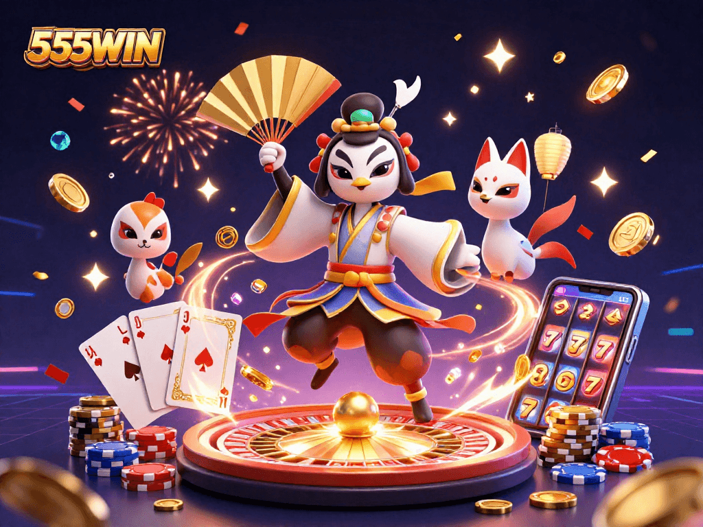 Play exciting casino games and win at 555WIN with a dynamic illustration showcasing vibrant characters and gaming elements.