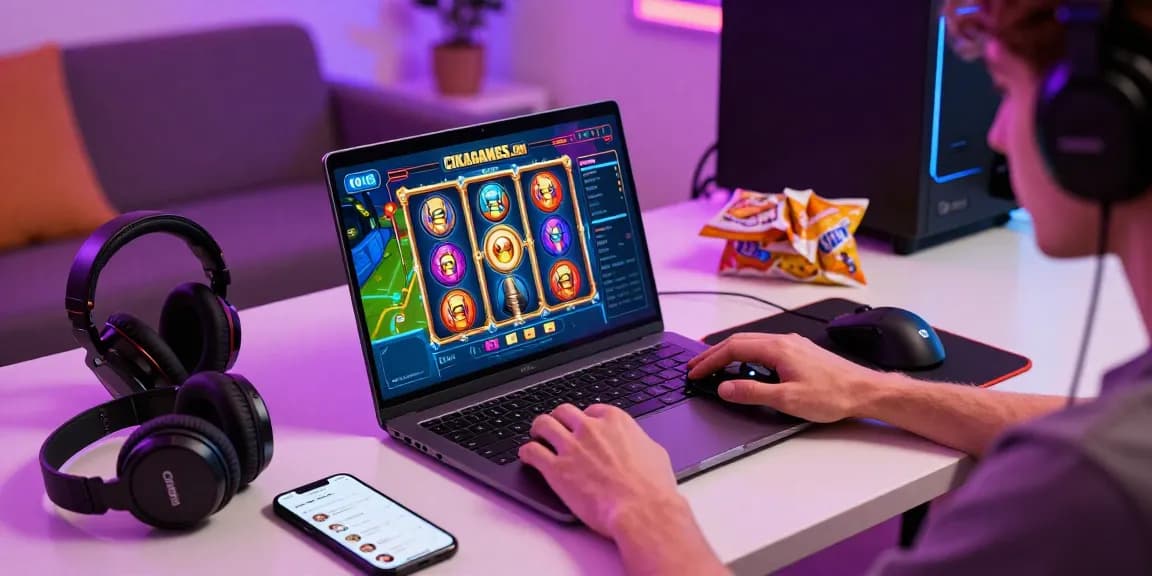 Player enjoying slots on https://cikagames.com/ with vibrant gaming setup, colorful graphics, and engaging atmosphere.