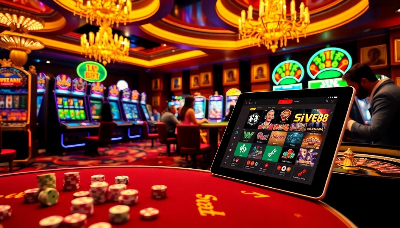 Immersive casino scene featuring players gambling at five88 tables with vibrant decor.