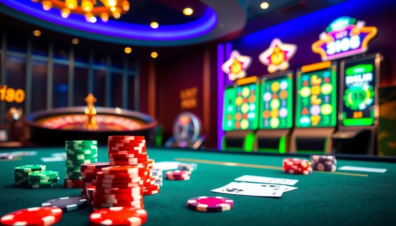 Engage in a vibrant casino atmosphere with gi88, featuring poker chips and a roulette wheel.