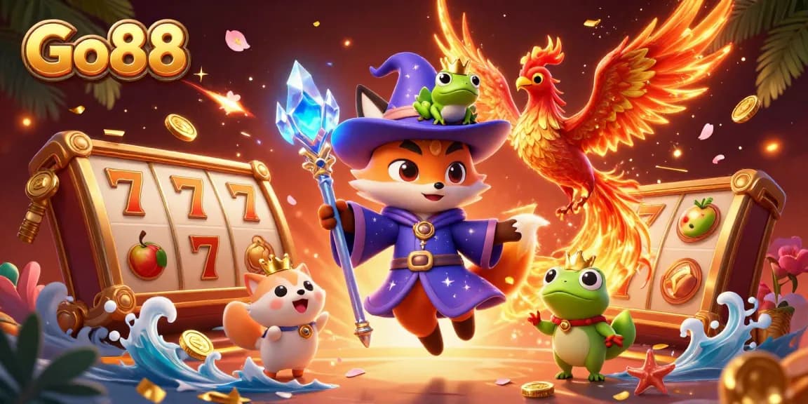 Engage with the exciting world of Go88, featuring 3D character magic and slot game visuals.