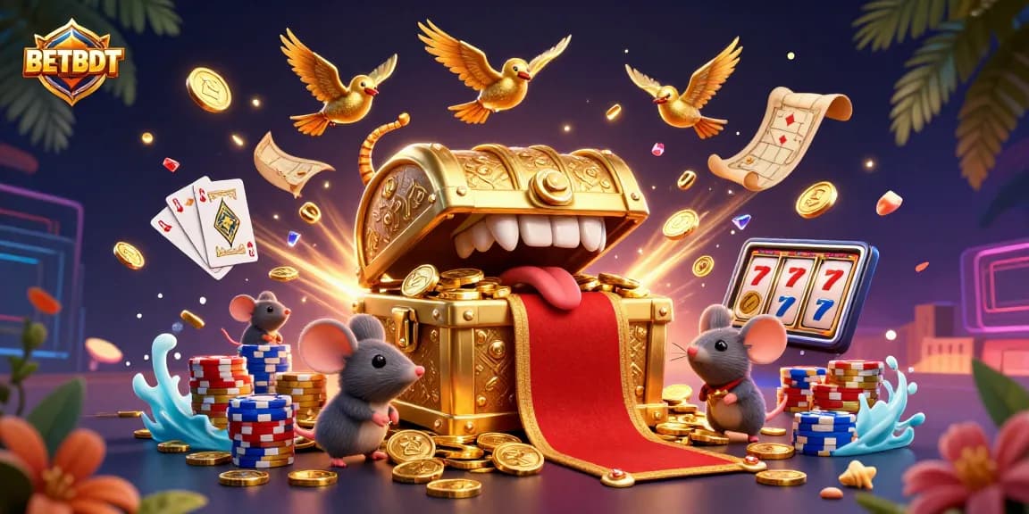 Experience the excitement of BETBDT with a vibrant 3D casino scene full of treasures and games.