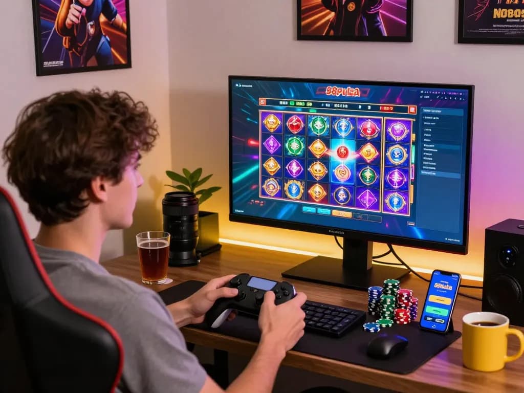 Exciting 88pulsa gaming setup with user engaged in online slots and vibrant atmosphere.