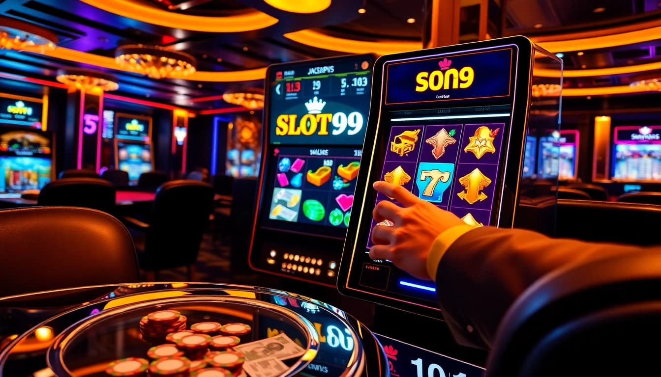 Player spinning the SLOT99 slot machine reels revealing a winning jackpot and stacked poker chips