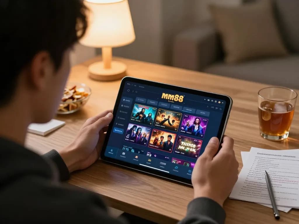 Engaged player using mm88 vin app on tablet to strategize online gambling