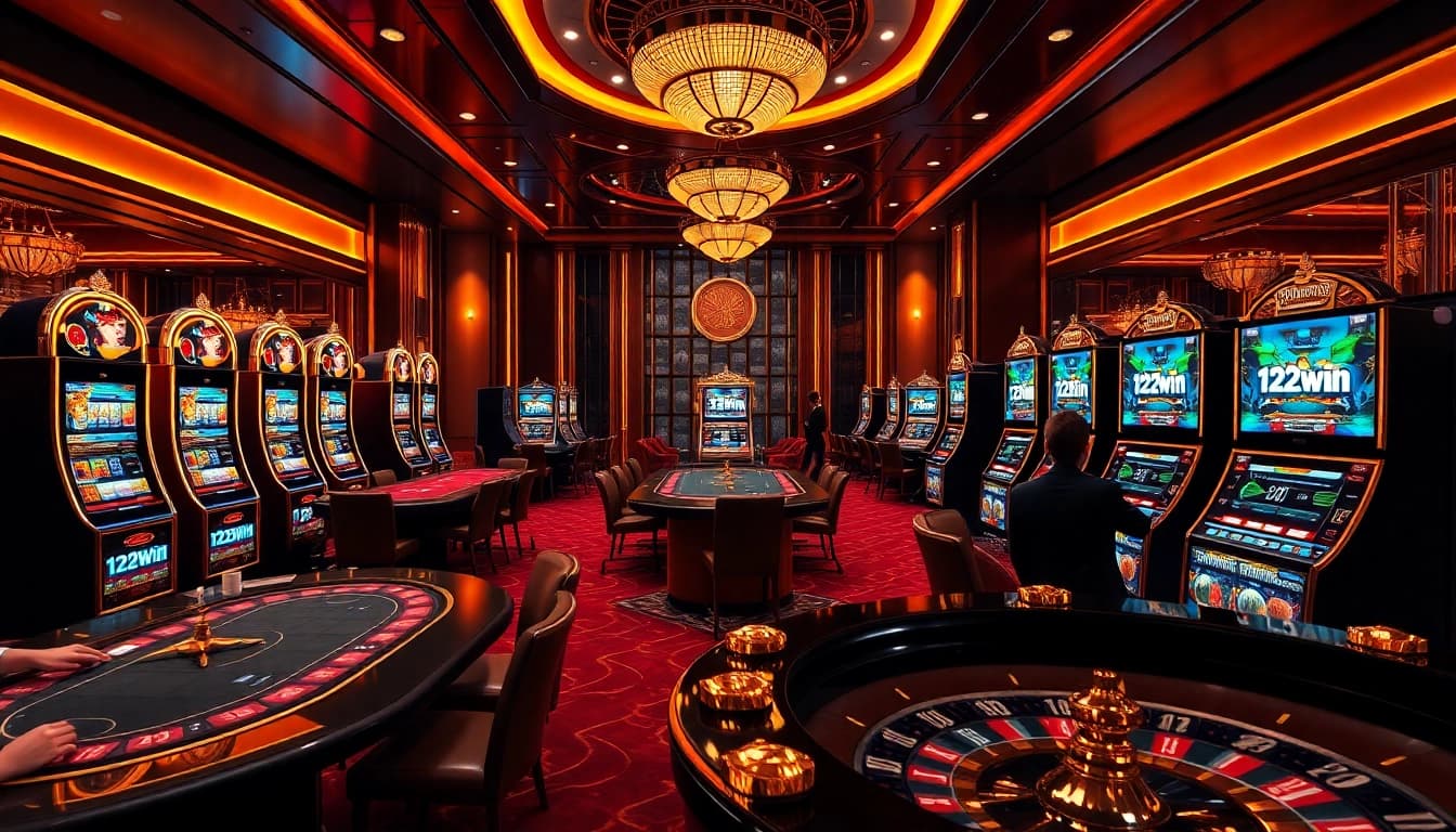Experience thrilling gameplay with 123win at an elegant casino setup featuring poker and slot machines.