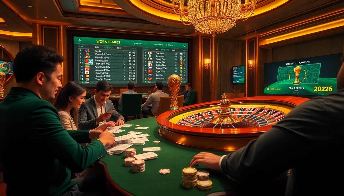 Engaging scene of players betting on Judi Piala Dunia in an elegant casino setting.