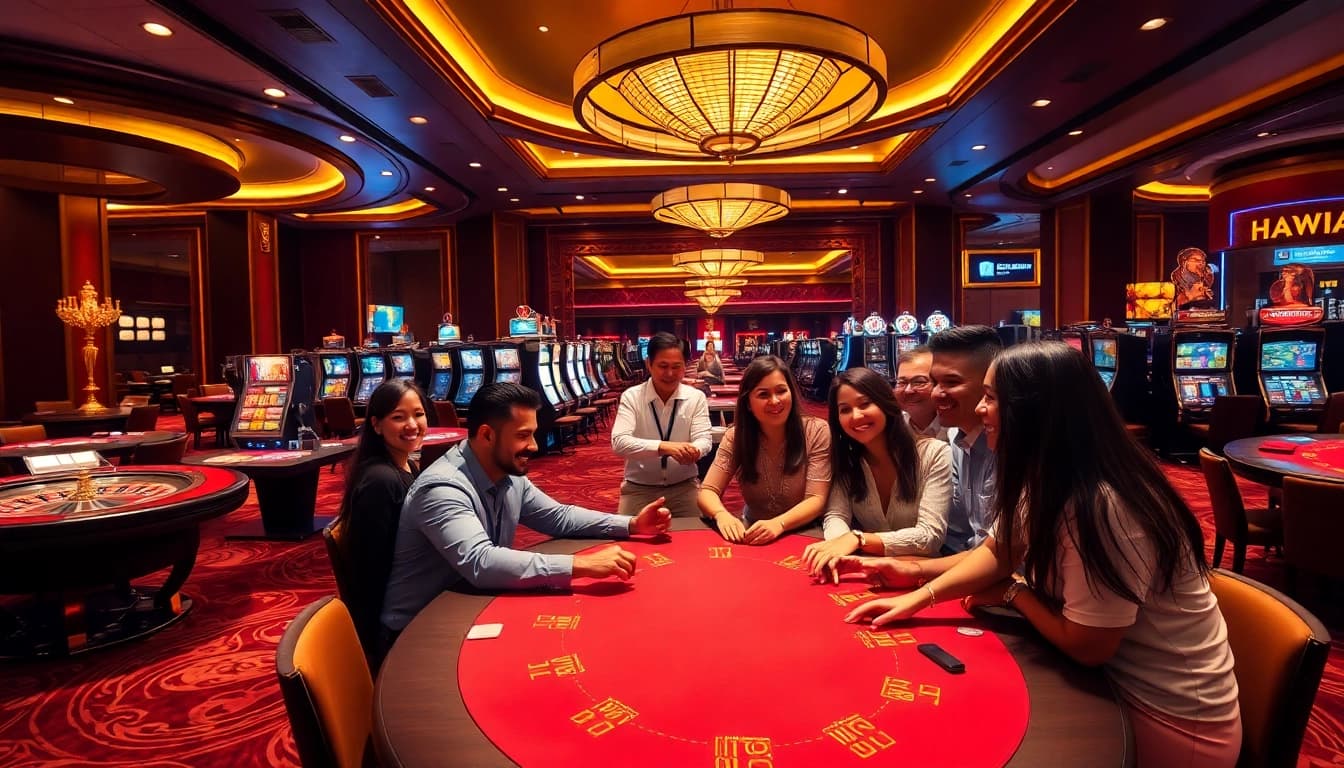 Celebrate your winnings at hz88.life with a vibrant casino gaming experience featuring poker tables and slot machines.