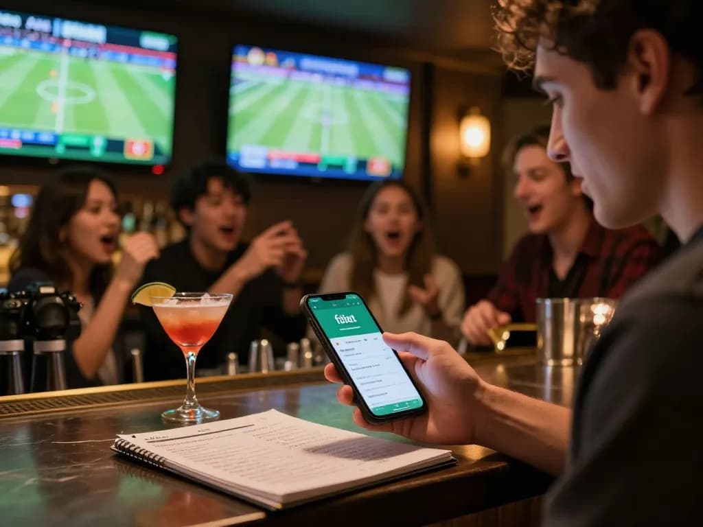 Experience dynamic sports betting with fabet app in a lively bar, showcasing friends marking bets together.