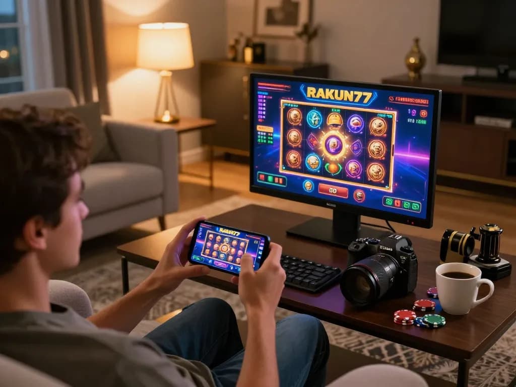Pemain RAKUN77 menikmati permainan kasino mobile di sofa yang nyaman dengan pencahayaan hangat