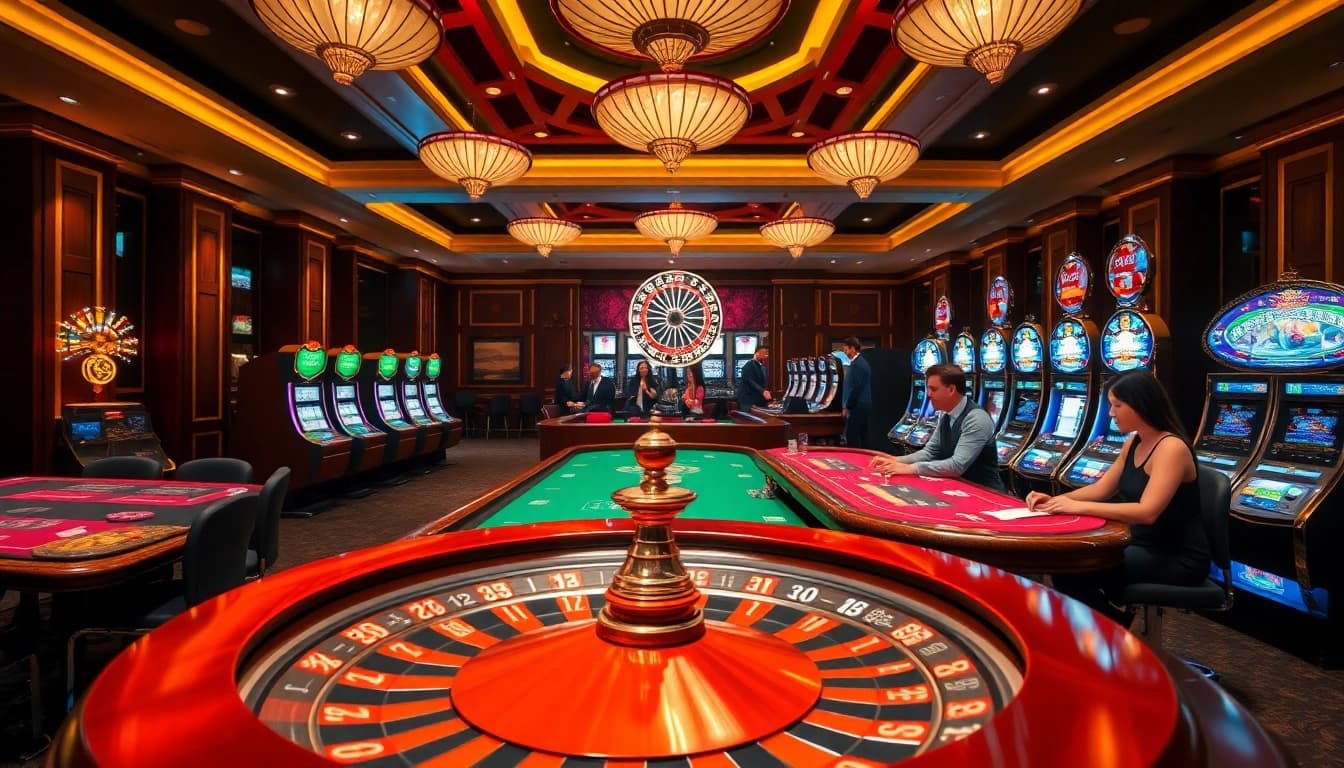 Engaged gamblers enjoying high-stakes action at luck8 vip casino with vibrant roulette wheels and slot machines.