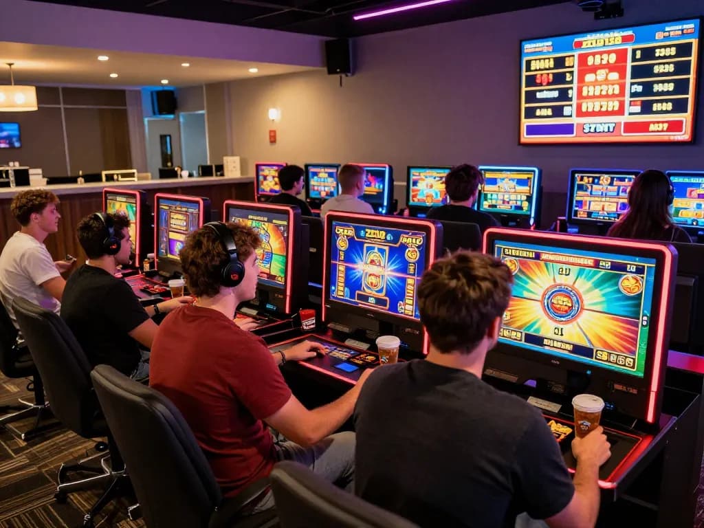 Players enjoying engaging online games at Zeus138 gaming lounge, showcasing excitement and modern digital gaming environment.
