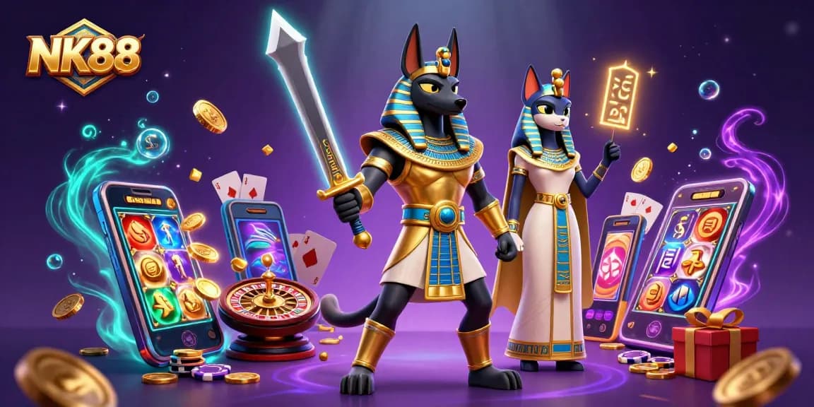 Experience exhilarating gameplay with NK88, showcased through vibrant 3D casino elements and ancient deities.
