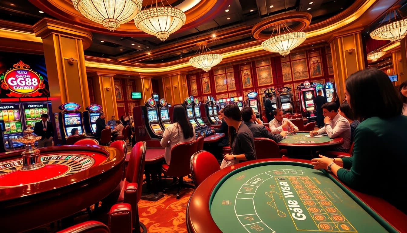 Exciting GG88 casino atmosphere featuring engaging roulette and slot games with vibrant lighting.
