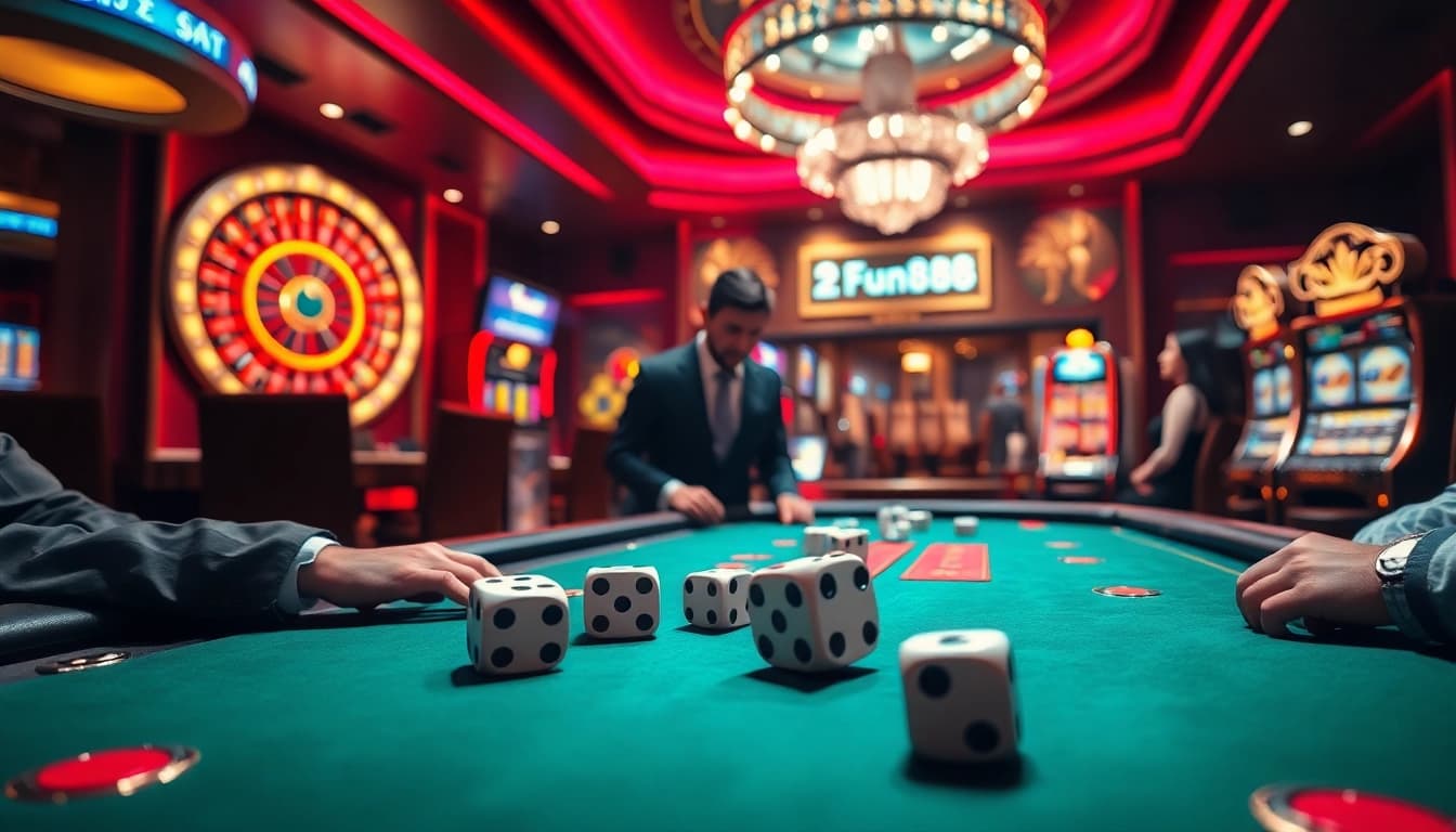 Exciting casino scene representing Fun88 with vibrant poker table, roulette wheel, and slot machines.
