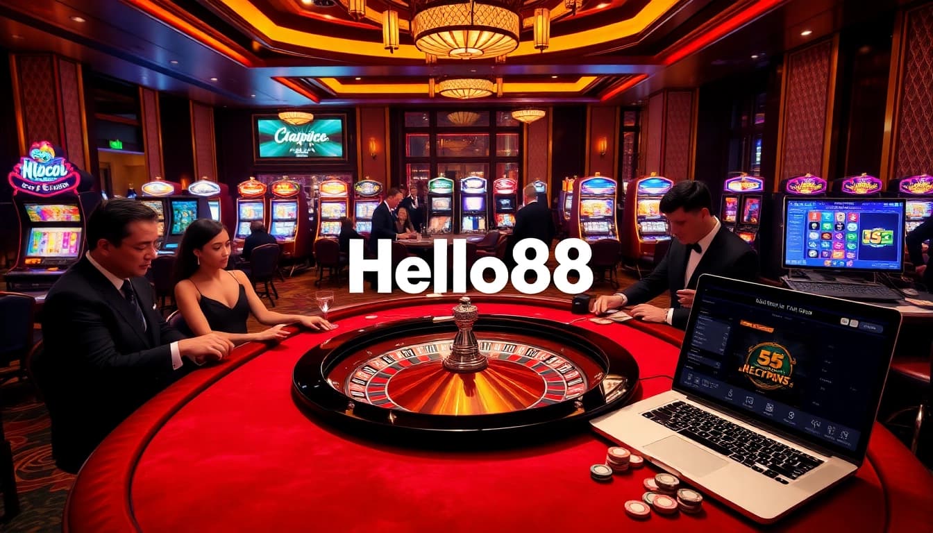 Players engaging in thrilling roulette gameplay at Hello88's luxurious casino setting.