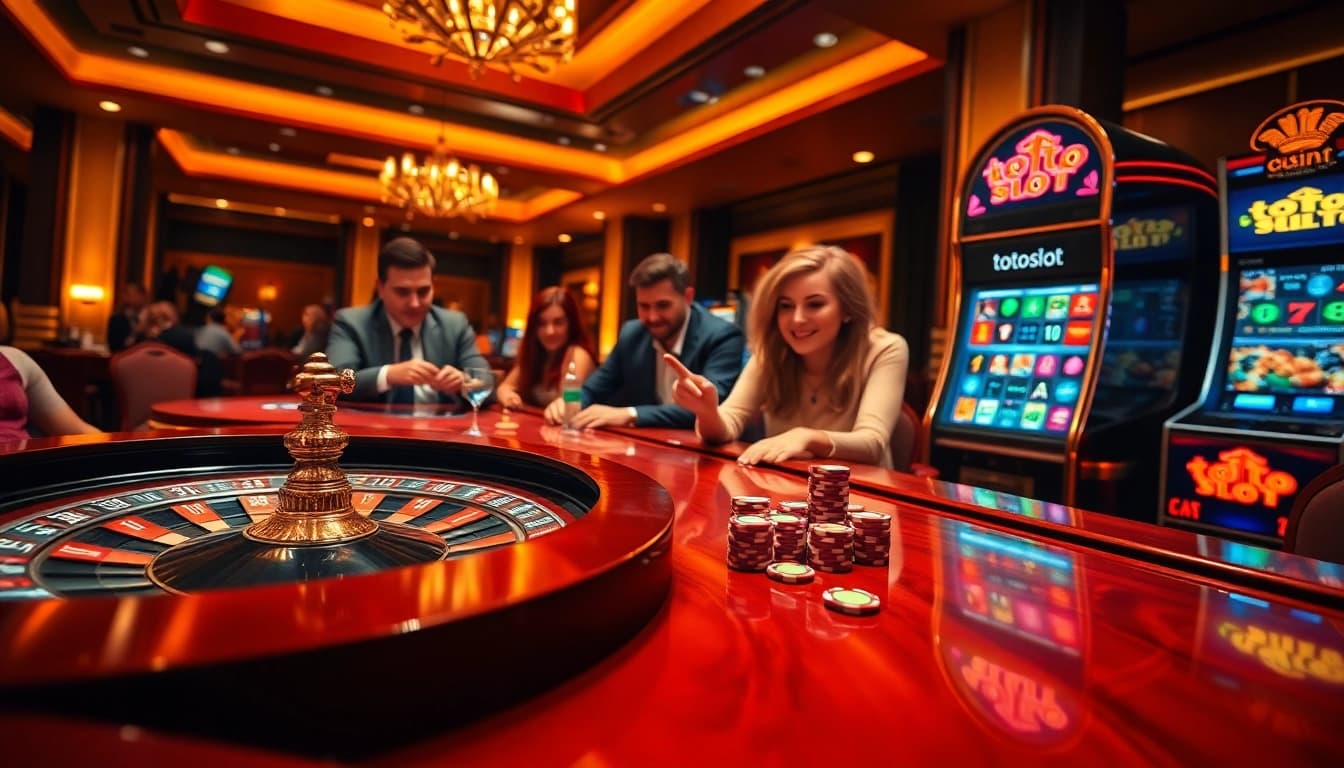 Suasana permainan yang menarik dengan fokus pada pengalaman toto slot di lingkungan kasino mewah.