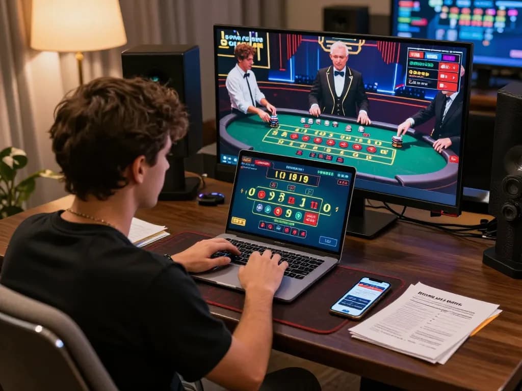 Player engaging in an online baccarat game at home, highlighting mb66 gaming strategy and comfort.
