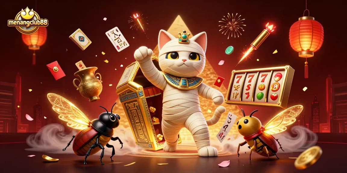 menangclub88 brings excitement with a mummy cat and scarab in a busy pyramid casino bursting with riches