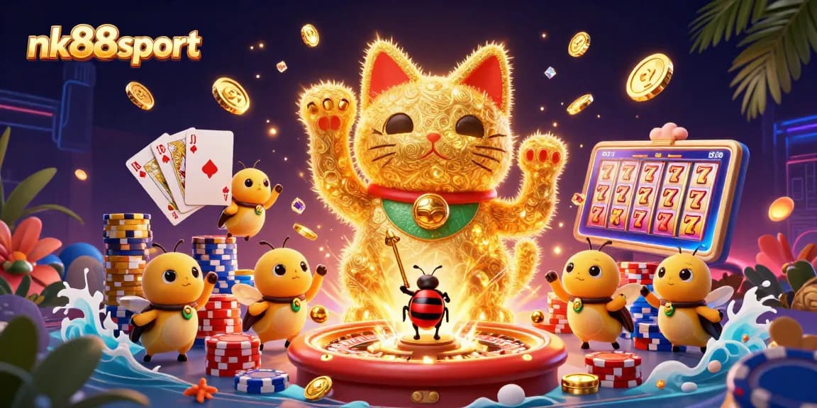 Experience the excitement of nk88sport with the giant lucky cat and vibrant casino symbols.