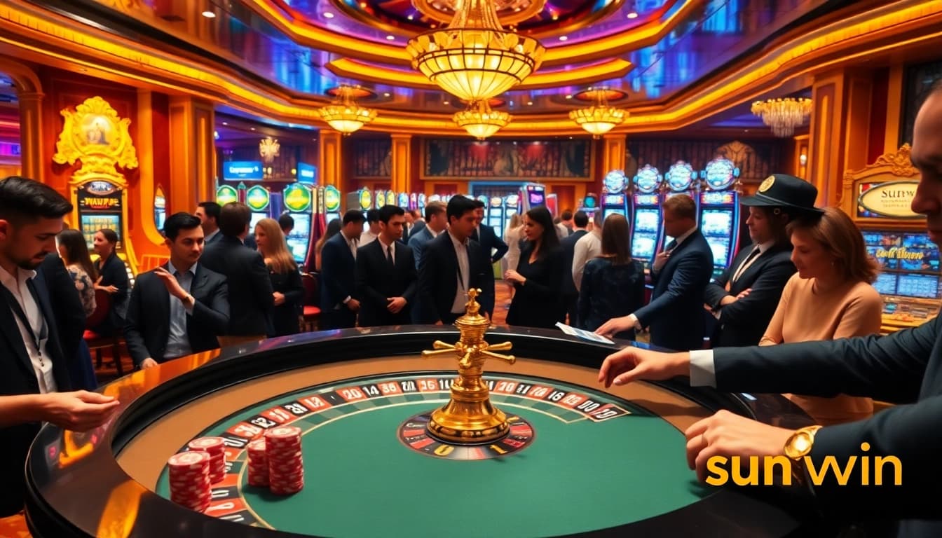 Experience the excitement of sunwin casino with players enjoying roulette and slots.