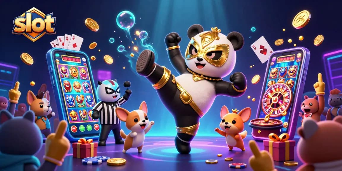 Experience the thrill of slot games with energetic cartoon characters and vibrant gambling elements.