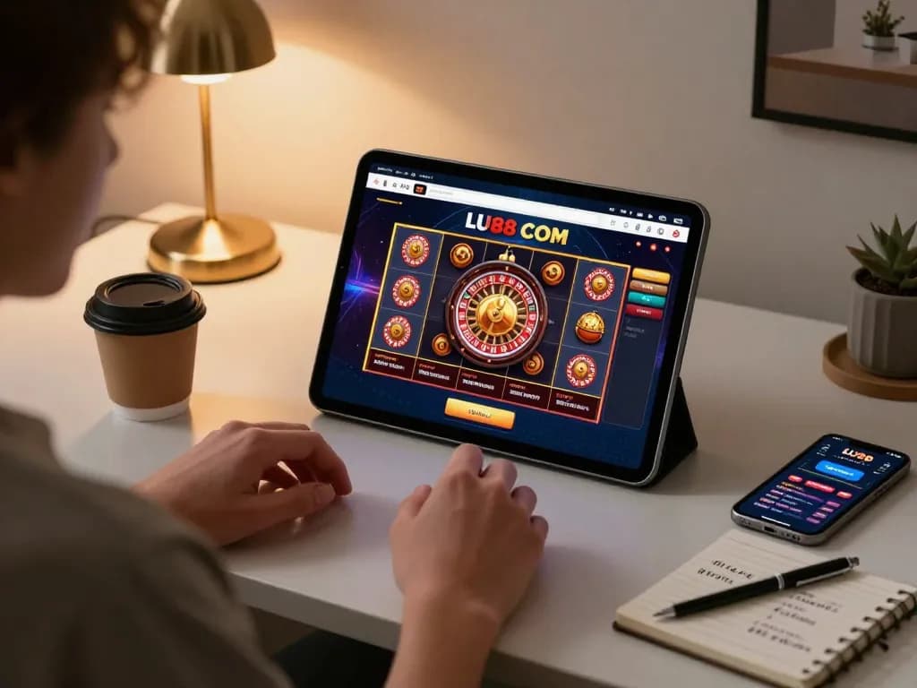 Engaging home gaming scene showcasing LU88 com on tablet, emphasizing strategic online gambling.