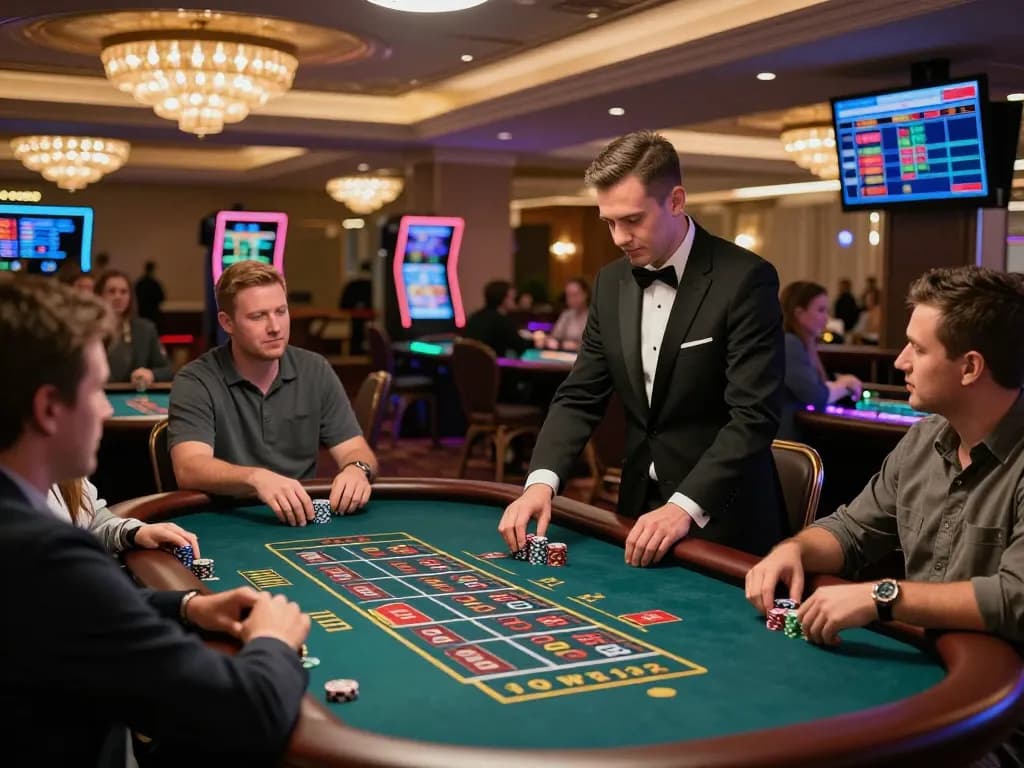 Players enjoying a live dealer game at GG88 casino, surrounded by vibrant atmosphere and professional dealers.