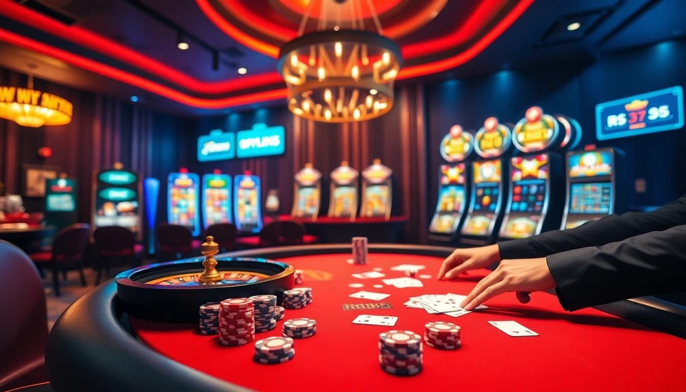 Play at RR88 with thrilling poker chips and roulette wheel in a luxurious casino setting.
